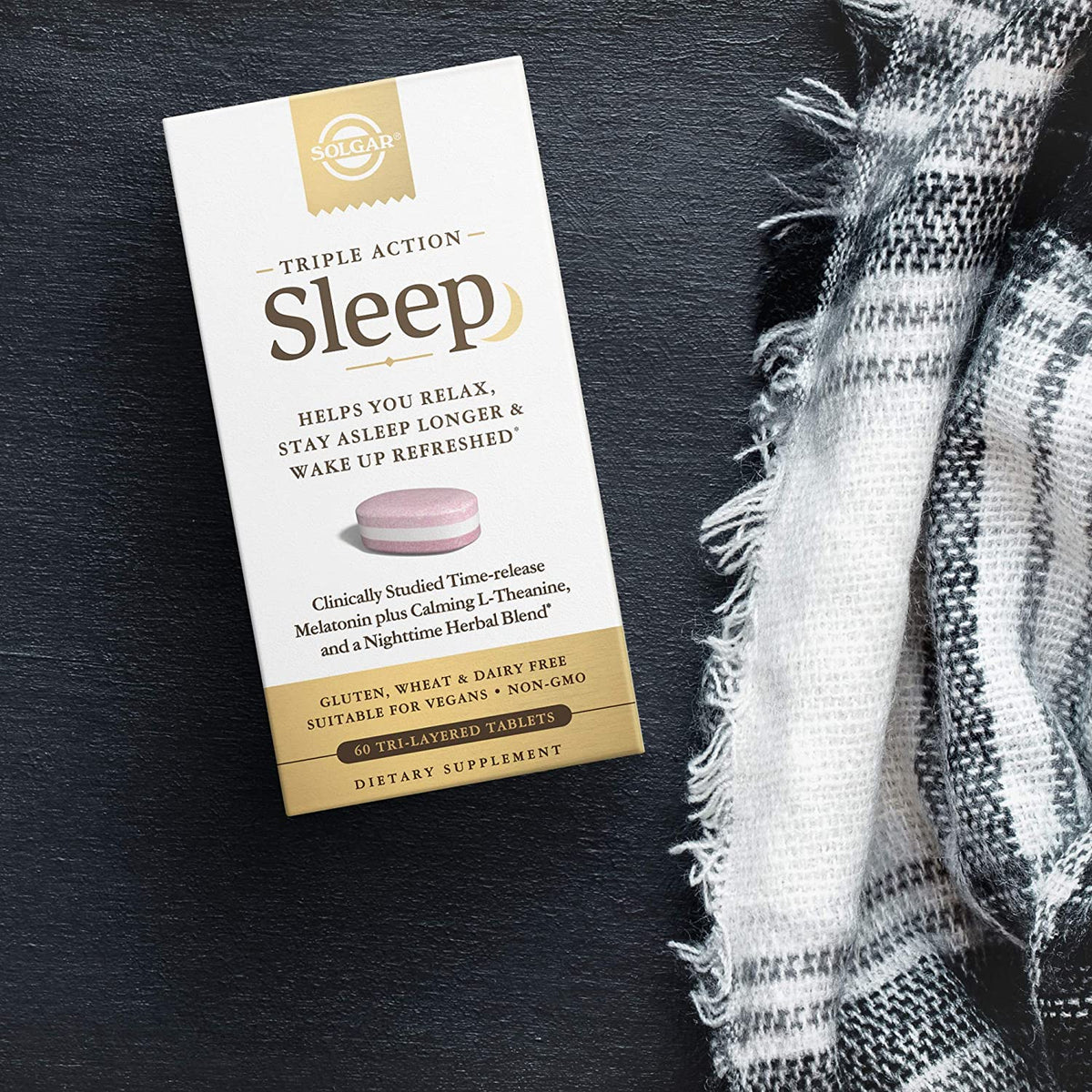 Solgar Triple Action Sleep, 60 Tri-Layer Tablets - Time-Release Melatonin &amp; L-Theanine Plus Herbal Blend - Helps You Relax, Fall Asleep Fast &amp; Stay Asleep Longer - Non-GMO, Gluten Free - 60 Servings