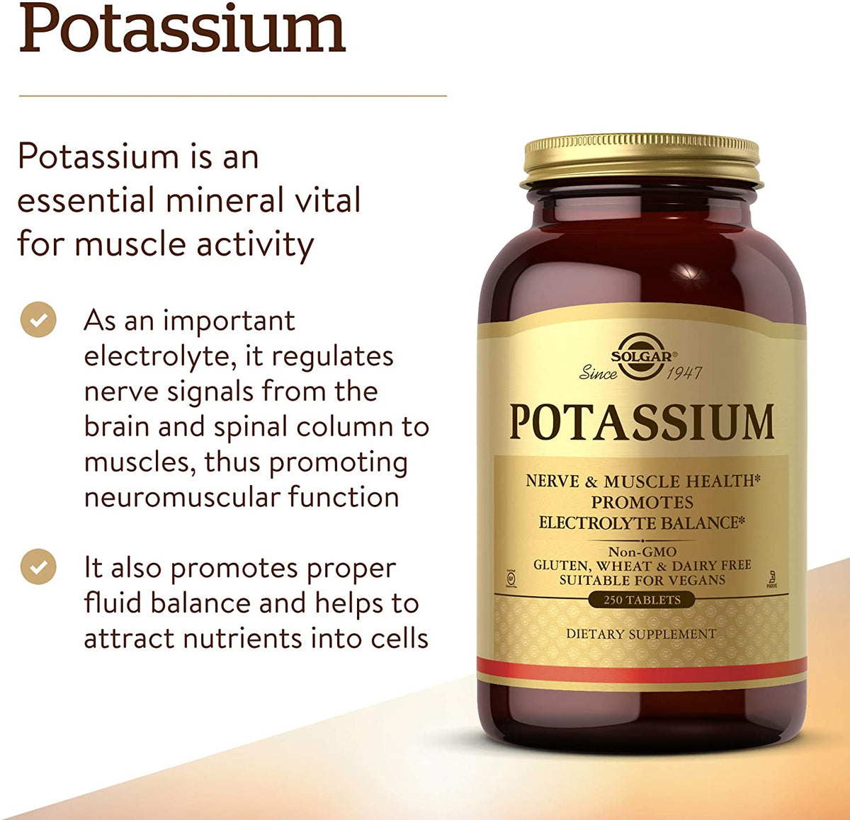 Solgar Potassium - 250 Tablets - Nerve &amp; Muscle Health, Promotes Electrolyte Balance - Vegan, Gluten &amp; Dairy Free, Kosher - 250 Servings