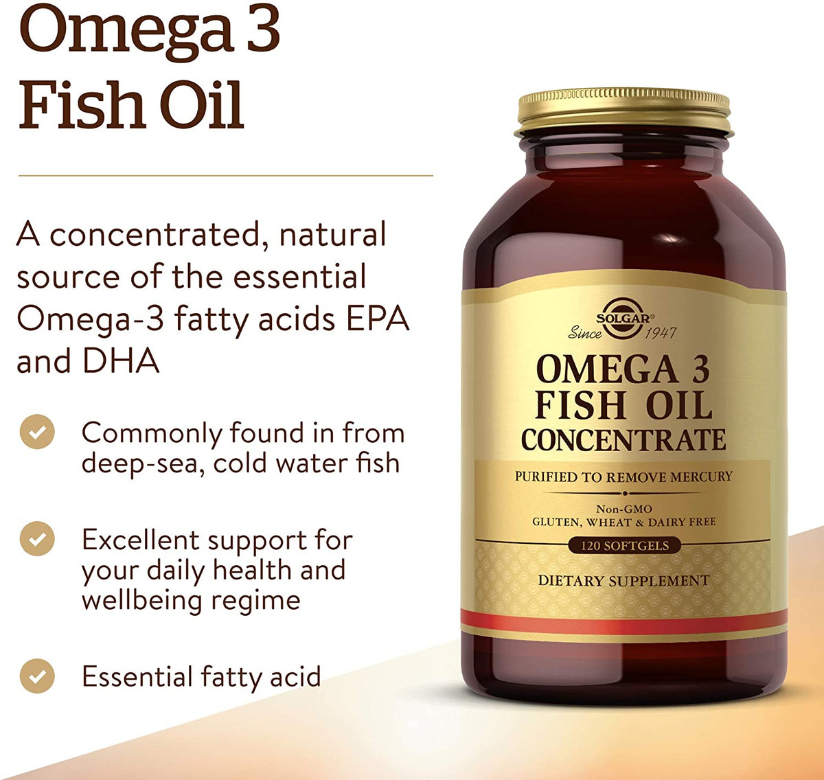Solgar Omega-3 Fish Oil Concentrate - 120 Softgels - Support for Joint &amp; Metabolic Health - Gluten Free, Non-GMO, Dairy Free - 60 Servings