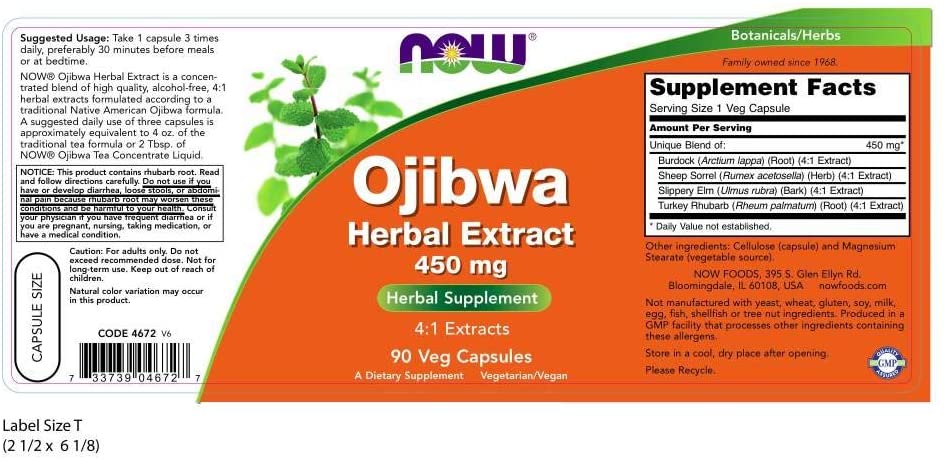 NOW Ojibwa Herbal Extract 450 mg, Concentrated Blend of High Quality, Alcohol-fFree, 4:1 Herbal Extracts, 90 Veg Capsules