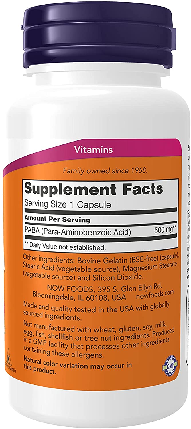 PABA (Para-Aminobenzoic Acid) 500 mg, B-Complex Family, 100 Capsules