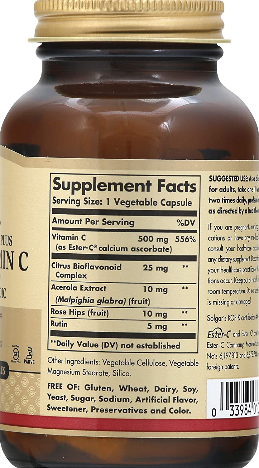 Solgar Ester-C Plus 500 mg Vitamin C (Ascorbate Complex), 100 Vegetable Capsules - Gentle &amp; Non Acidic - Antioxidant &amp; Immune Support - Non GMO, Vegan, Gluten Free, Kosher - 100 Servings