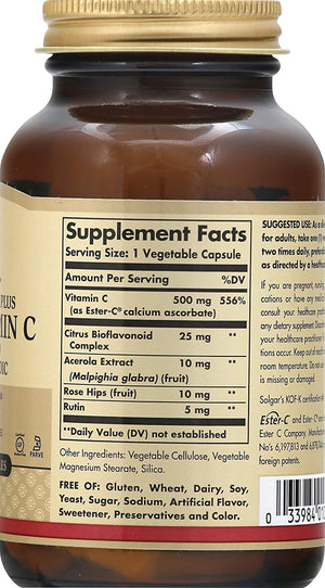 Solgar Ester-C Plus 500 mg Vitamin C (Ascorbate Complex), 100 Vegetable Capsules - Gentle & Non Acidic - Antioxidant & Immune Support - Non GMO, Vegan, Gluten Free, Kosher - 100 Servings