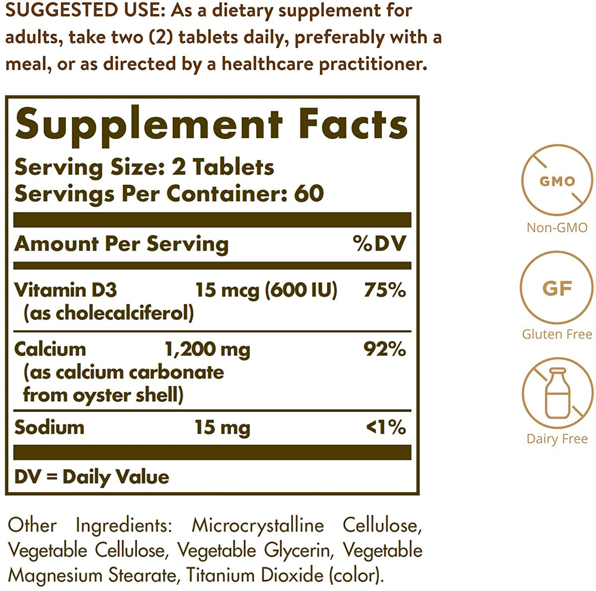 Solgar Calcium &quot;600&quot;, 120 Tablets - Calcium from Oyster Shell with Vitamin D3 - Promotes Bone Health - Enhanced Absorption - Non-GMO, Gluten Free, Dairy Free - 60 Servings