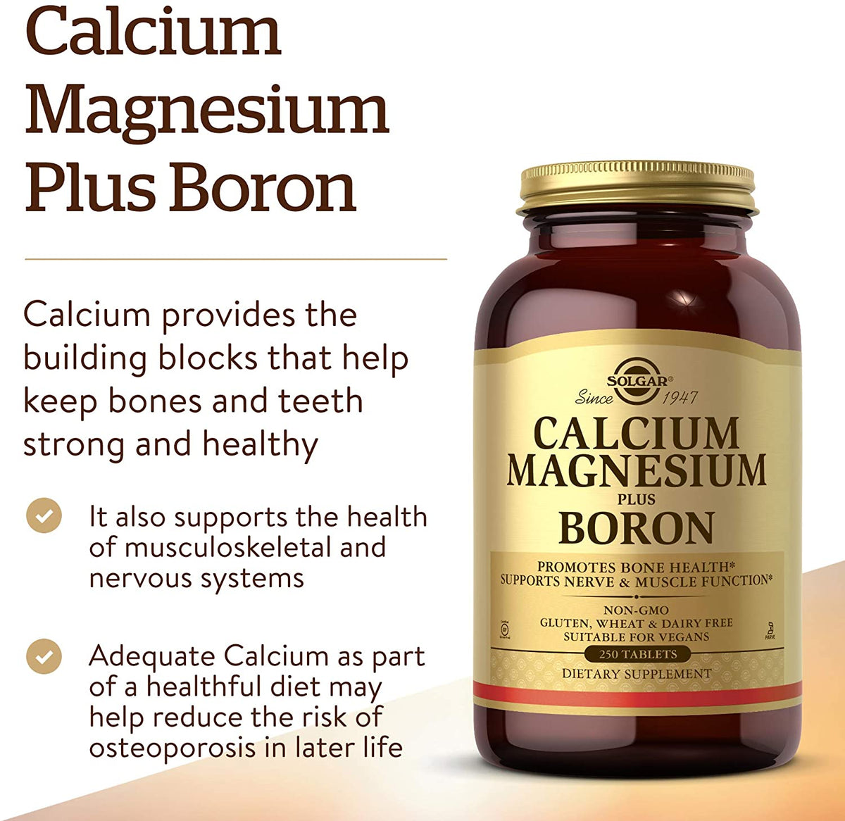 Solgar Calcium Magnesium Plus Boron - 250 Tablets - Non-GMO, Vegan, Gluten Free, Dairy Free, Kosher - 83 Servings