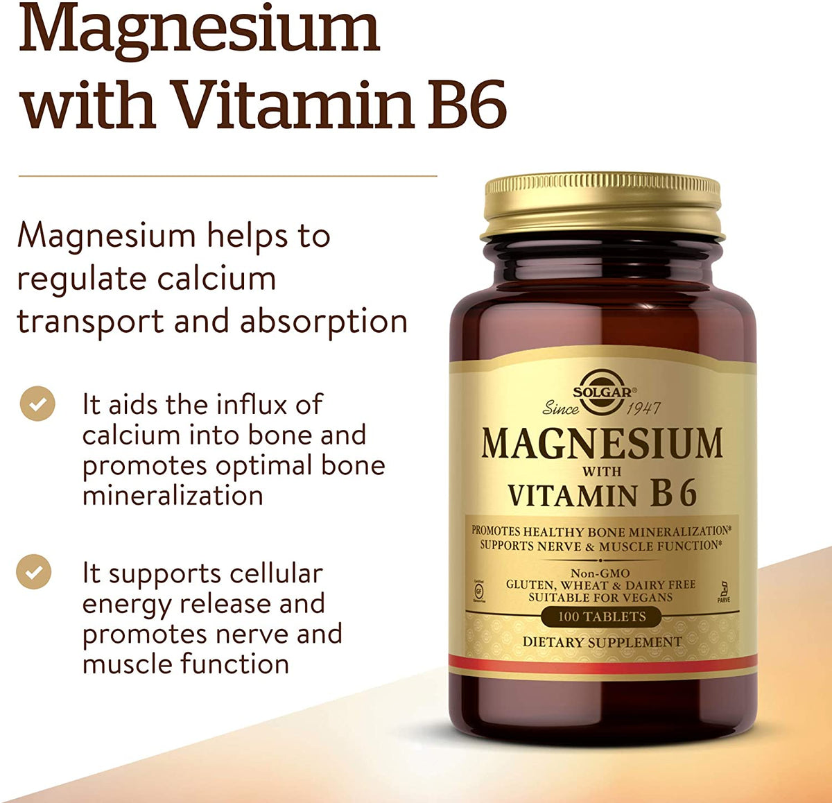 Solgar Magnesium with Vitamin B6 - 100 Tablets - Promotes Healthy Bone Mineralization, Supports Nerve &amp; Muscle Function - Non-GMO, Gluten Free, Dairy Free, Kosher - 33 Servings