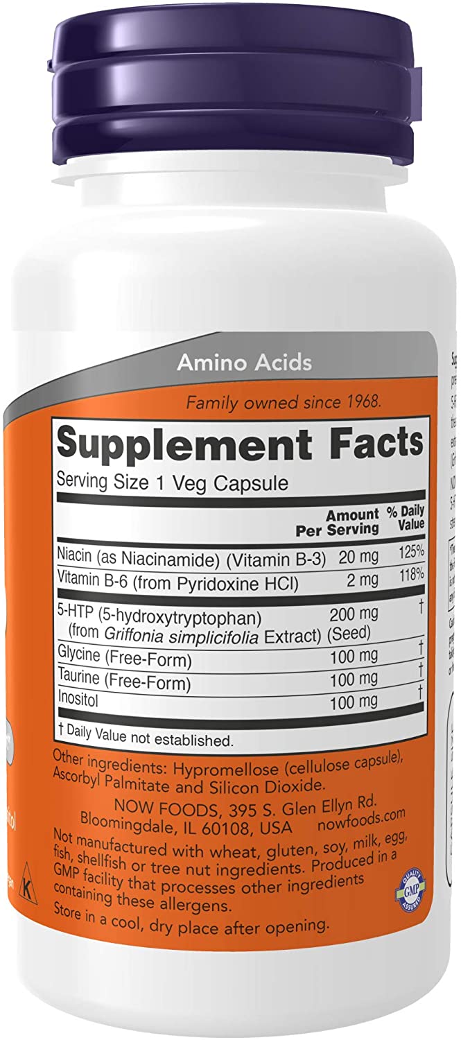 NOW Foods Supplements, 5-HTP (5-hydroxytryptophan) 200 mg, Double Strength, Neurotransmitter Support*, 60 Veg Capsules