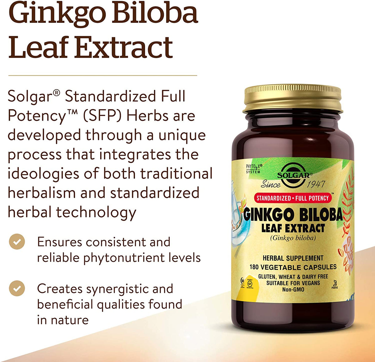 SOLGAR Ginkgo Biloba Leaf Extract - 180 Vegetable Capsules - Standardized Full Potency (SFP) - Non-GMO, Vegan, Gluten Free, Dairy Free, Kosher, Halal - 180 Servings