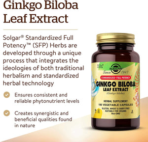 Solgar Ginkgo Biloba Leaf Extract, 180 Vegetable Capsules - Brain Health & Mental Alertness - Standardized Full Potency (SFP) - Non-GMO, Vegan, Gluten Free, Dairy Free, Kosher, Halal - 180 Servings