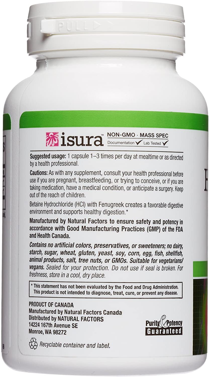 Natural Factors, Betaine HCL 500 mg, Supports Healthy Digestion and a Healthy Microbiome, 90 capsules (90 servings)