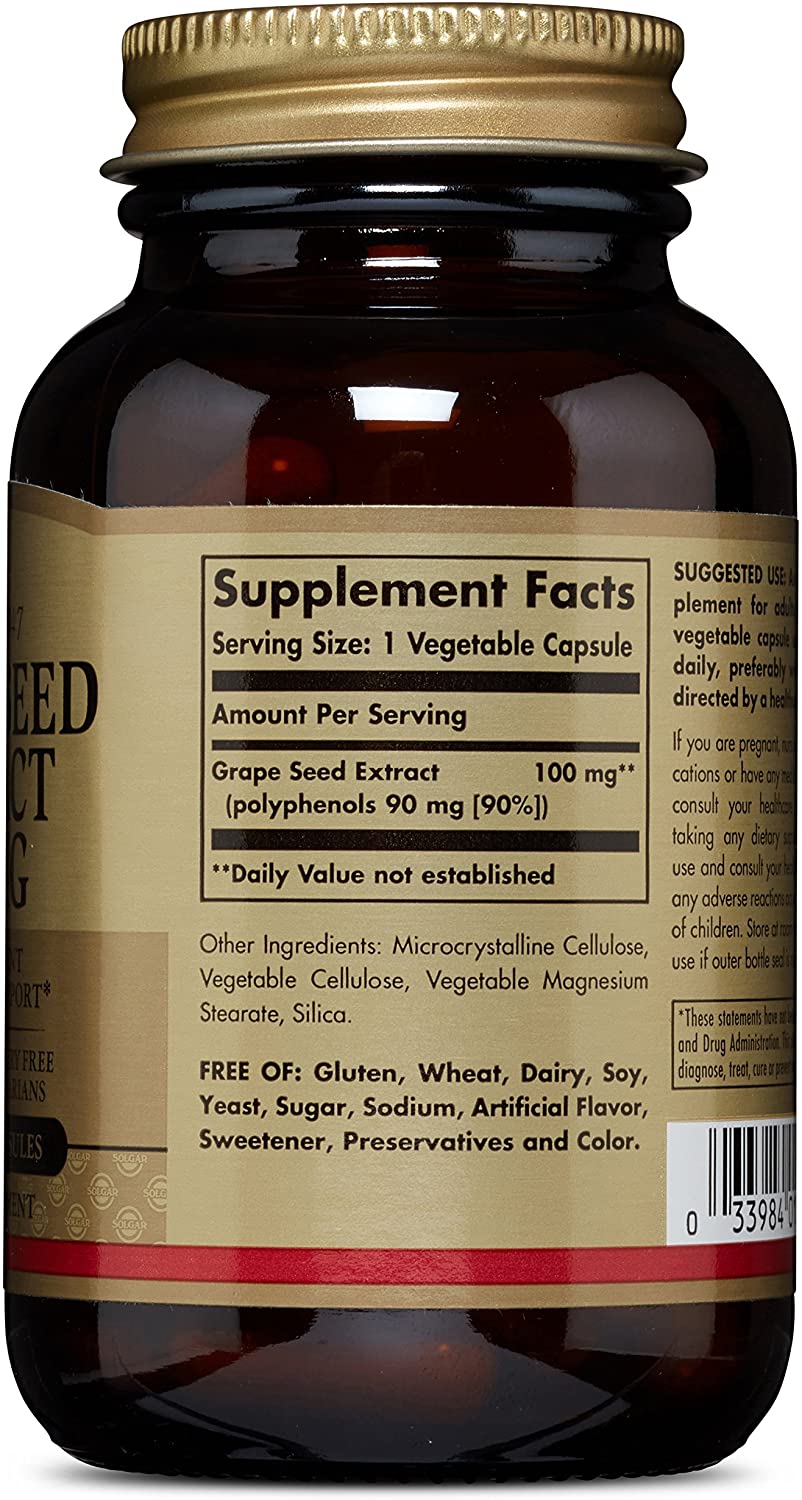 SOLGAR Grape Seed Extract 100 mg, 60 Vegetable Capsules - Phytonutrient Antioxidant Support - Vegan, Gluten Free, Dairy Free - 60 Servings