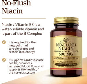Solgar No-Flush Niacin 500 mg, 50 Vegetable Capsules - Vitamin B3 - Cardiovascular Support - Energy Metabolism -  No-Flush Delivery - Non-GMO, Vegan, Gluten Free, Dairy Free, Kosher - 50 Servings