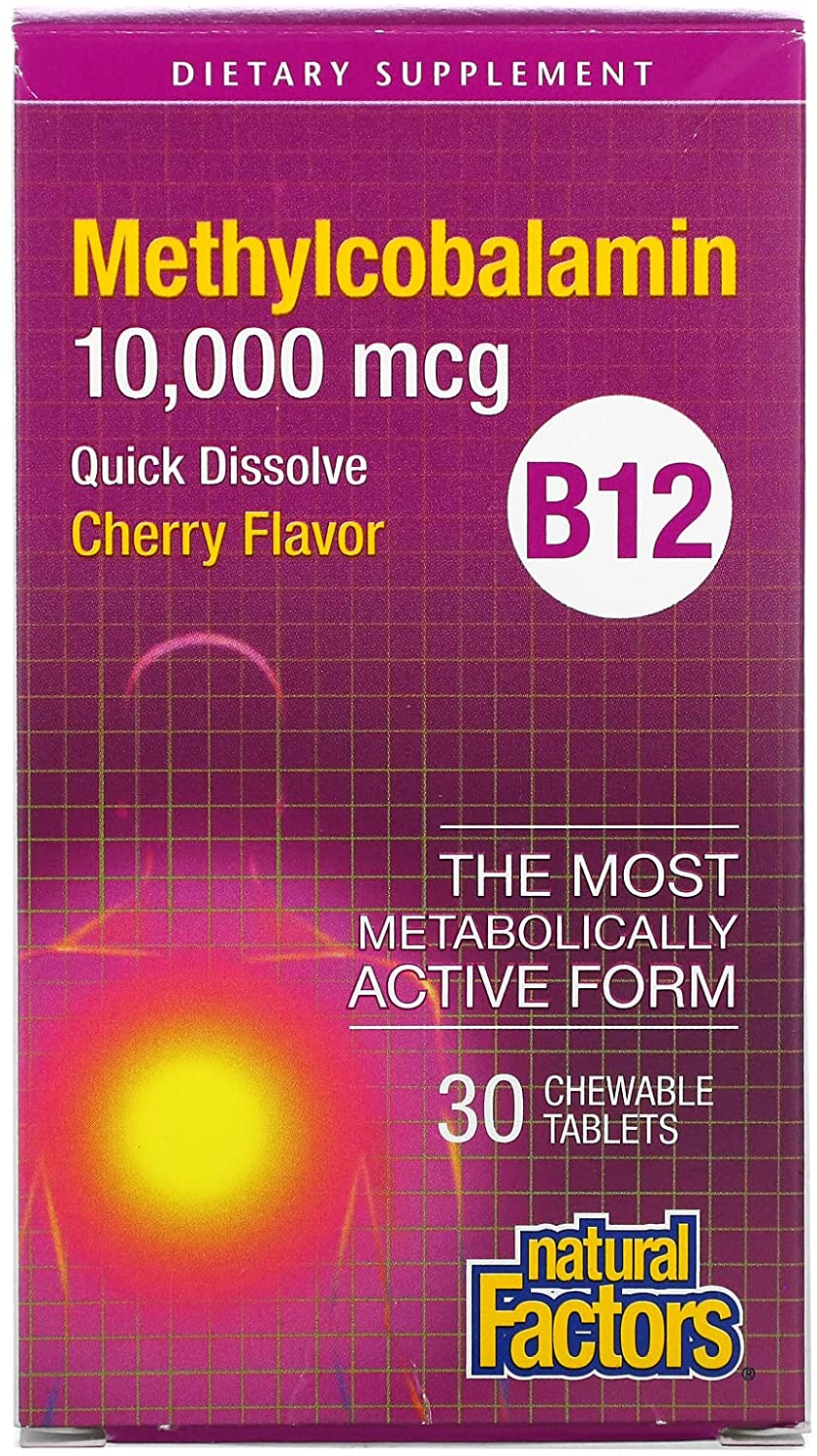 Natural Factors B12 Methylcobalamin, 10,000 mcg, Cherry, 30 Chewable Tablets
