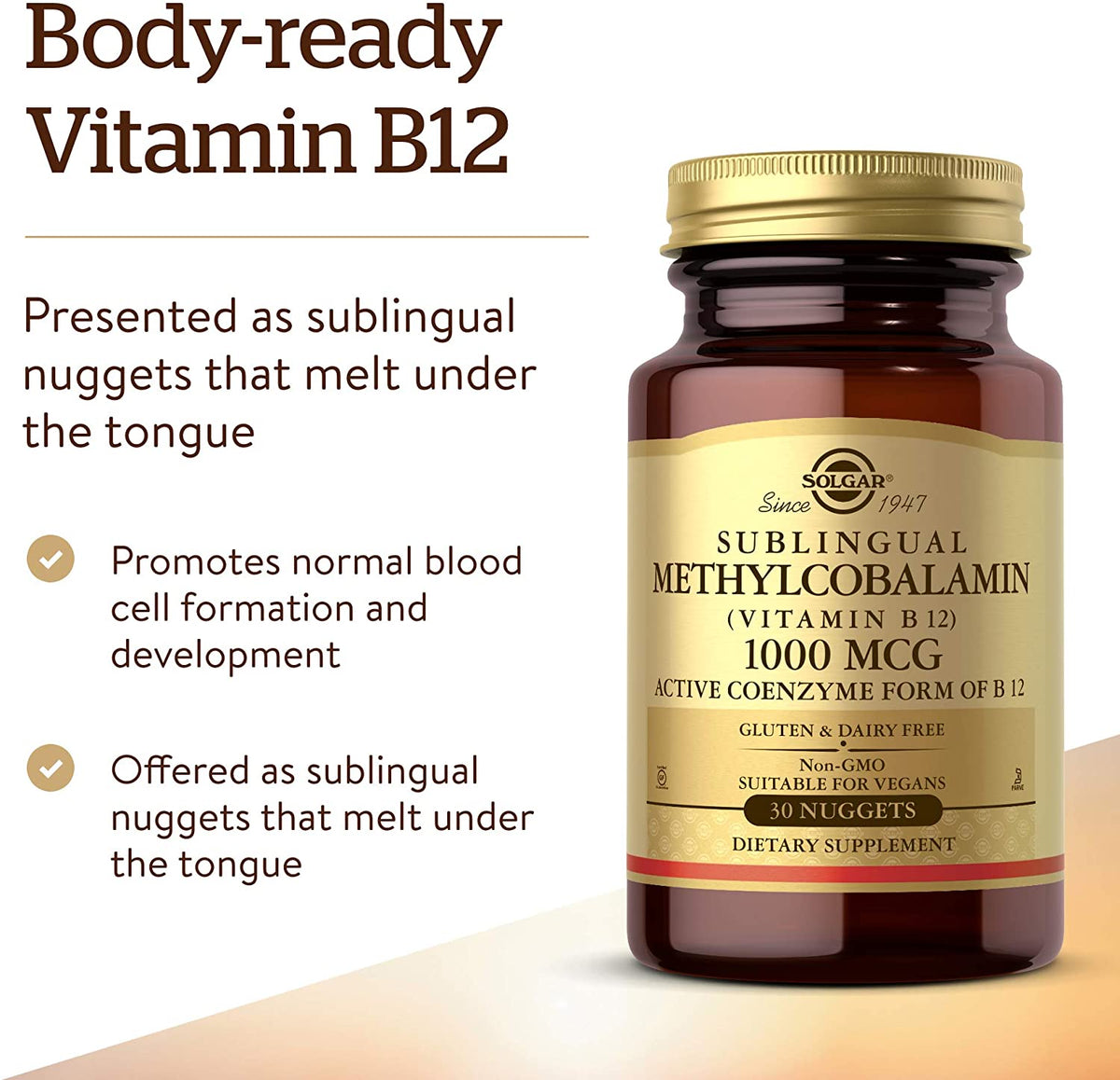 Solgar Methylcobalamin (Vitamin B12) 1000 mcg, 30 Nuggets - Supports Energy Metabolism - Body-Ready, Active Form of B12 - Vitamin B - Non GMO, Vegan, Gluten, Dairy Free, Kosher - 30 Servings