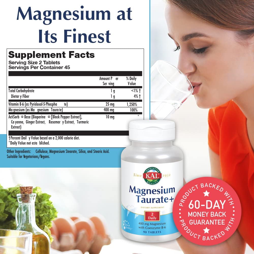 KAL Magnesium Taurate 400mg Plus CoEnzyme Vitamin B6, Chelated Magnesium Supplement, Healthy Muscle Function, Nerve and Heart Health Support, Gluten Free, Vegan, 60-Day Guarantee, 45 Serv, 90 Tablets