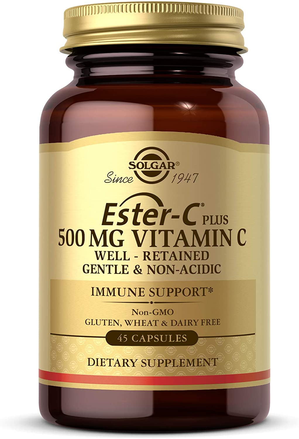 Solgar Ester-C Plus 500 mg Vitamin C with Citrus Bioflavonoids - 45 Capsules - Gentle &amp; Non Acidic, Well Retained - 24-Hour Immune Support - Non-GMO, Gluten Free - 45 Servings