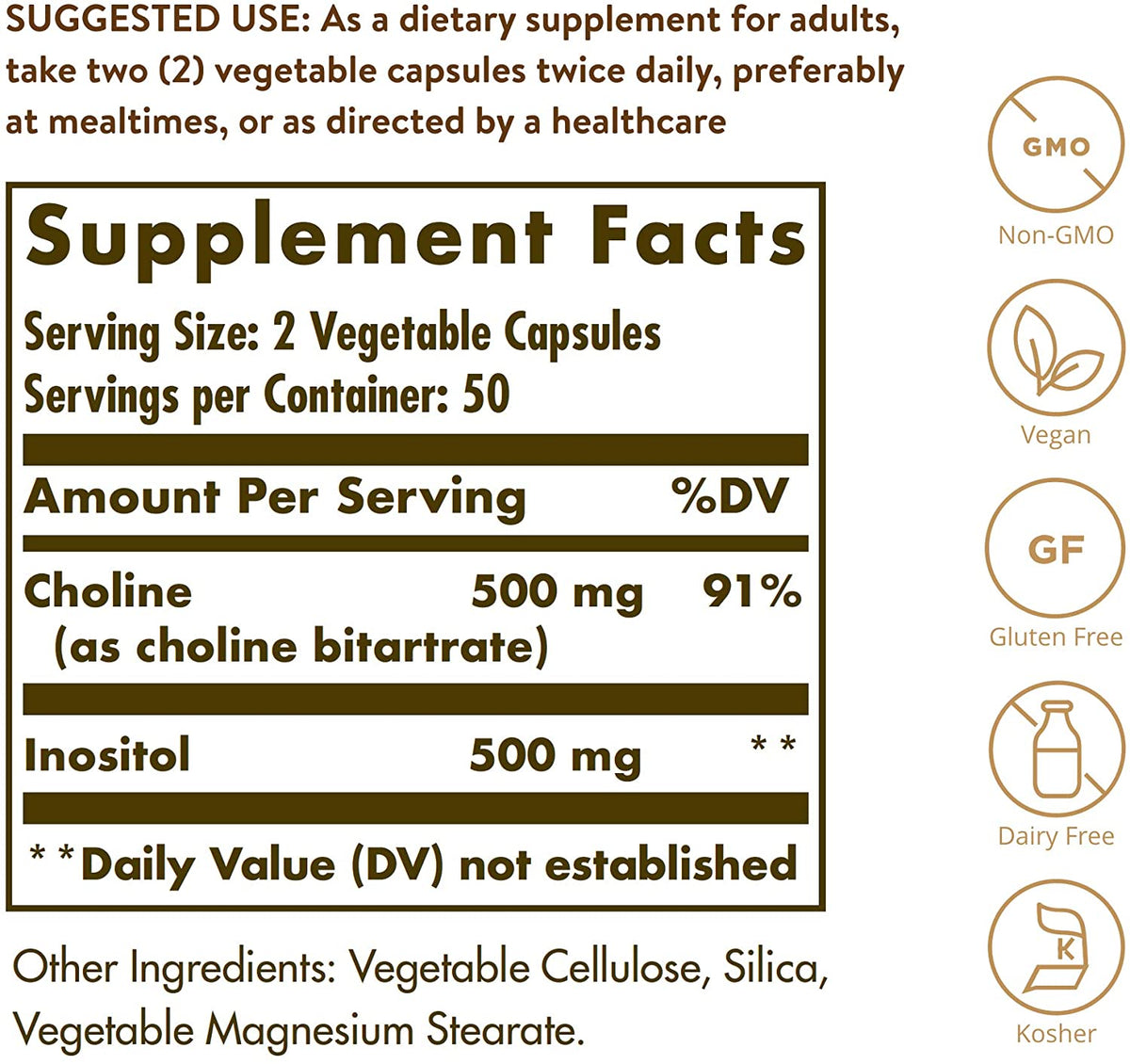 Solgar Choline/Inositol 500 mg/500 mg, 100 Vegetable Capsules - Energy Metabolism, Liver Health, Essential for Brain &amp; Nerve Function - Non-GMO, Vegan, Gluten Free, Dairy Free, Kosher - 50 Servings