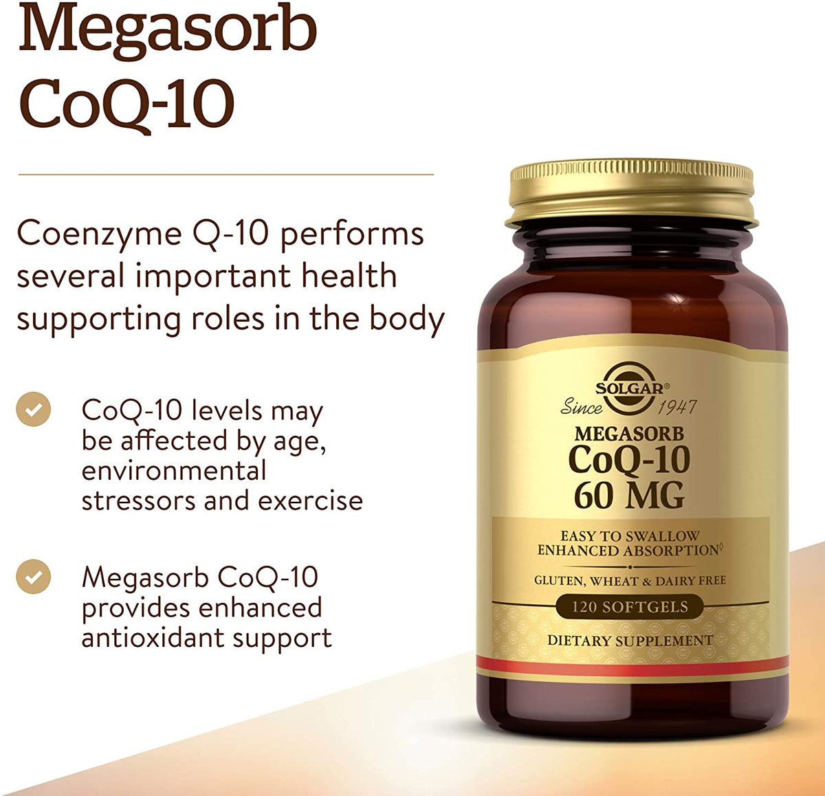 Solgar Megasorb CoQ-10 60 mg, 120 Softgels - Supports Heart &amp; Brain Health - Coenzyme Q10 Supplement - Enhanced Absorption, Easy to Swallow - Gluten Free, Dairy Free - 120 Servings