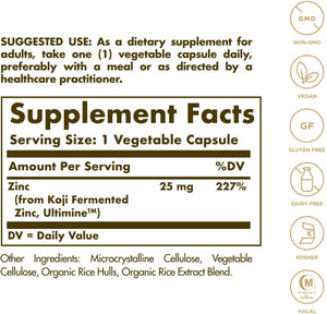 Solgar Earth Source Food Fermented Koji Zinc 25mg, 30 Vegetable Capsules - Higher-Absorption, Bioavailable Zinc for Immune & Skin Health - Non-GMO, Vegan, Gluten Free, Dairy Free, Kosher - 30 Servings