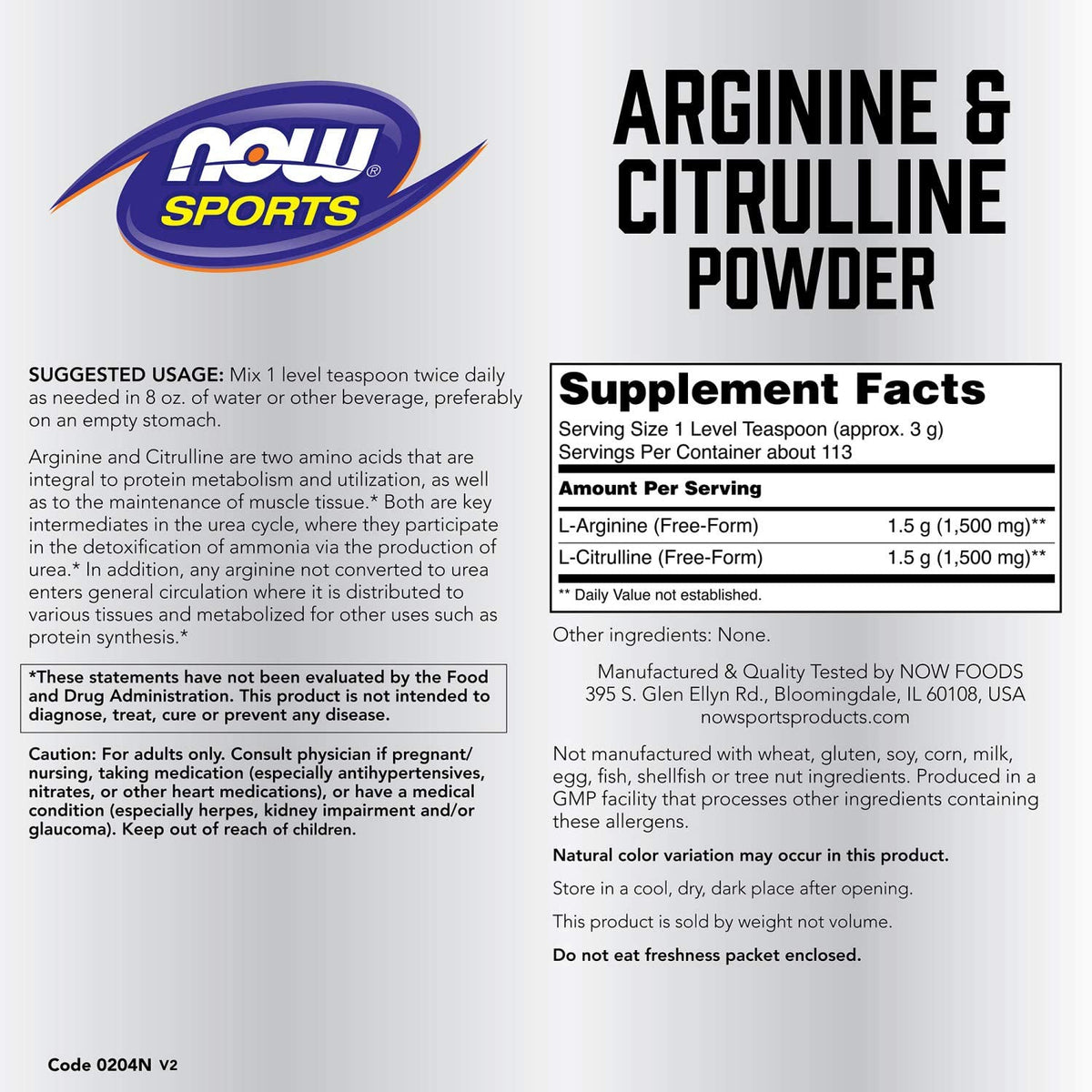 NOW Foods Sports Nutrition, Arginine &amp; Citrulline Powder, 1:1 Ratio, Amino Acid, 12-Ounce
