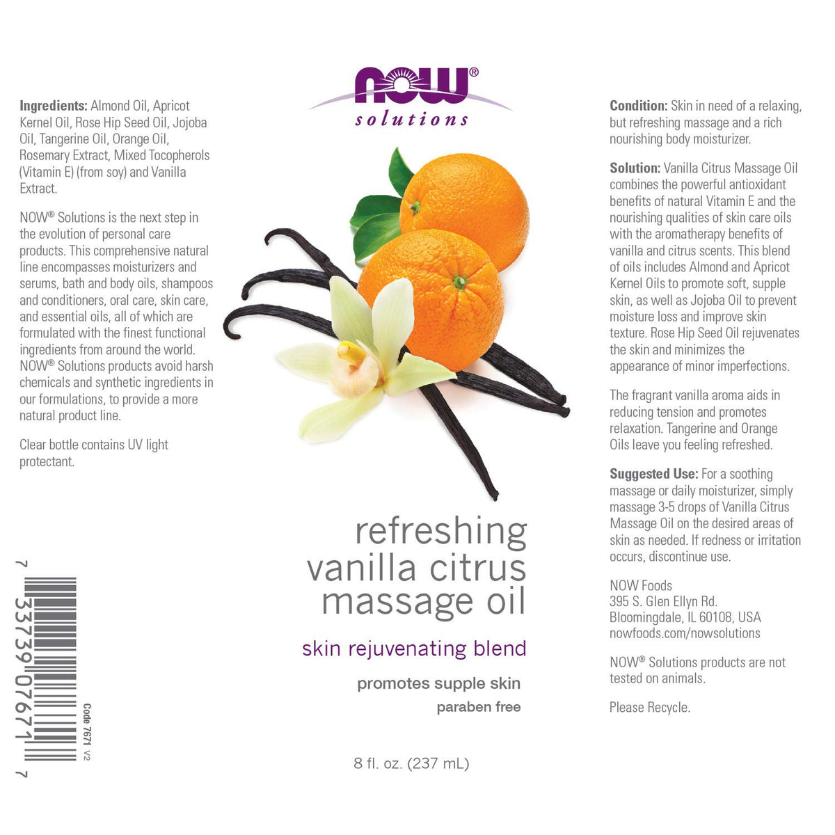 NOW Foods Solutions Refreshing Vanilla Citrus Massage Oil, 8 fl oz