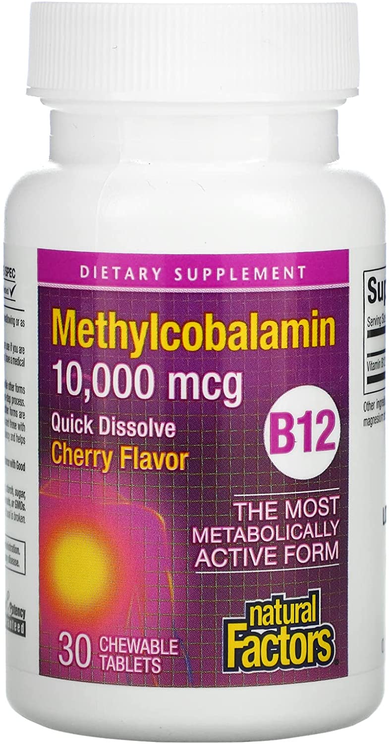 Natural Factors B12 Methylcobalamin, 10,000 mcg, Cherry, 30 Chewable Tablets