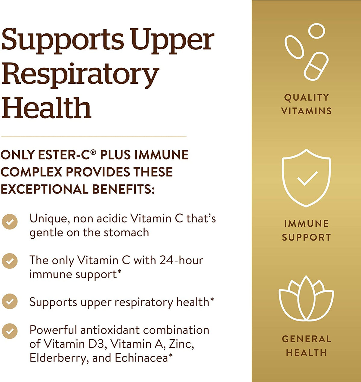Solgar Ester-C Plus Immune Complex, 24 Hr Immune Support, Supports Upper Respiratory Health - Plus D3, Zinc, Elderberry &amp; Echinacea - Non-GMO, Gluten Free, Dairy Free - 30 Servings, 60 Softgels