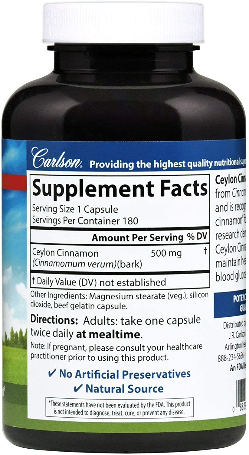 Carlson Ceylon Cinnamon, 180 Capsules - Discount Nutrition Store