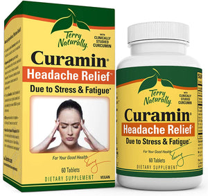 Curamin Headache Relief - 60 Vegan Tablets - Targets Headache Pain Caused by Stress & Fatigue, Contains Curcumin & Boswellia - Non-GMO, Gluten-Free, Kosher - 20 Servings