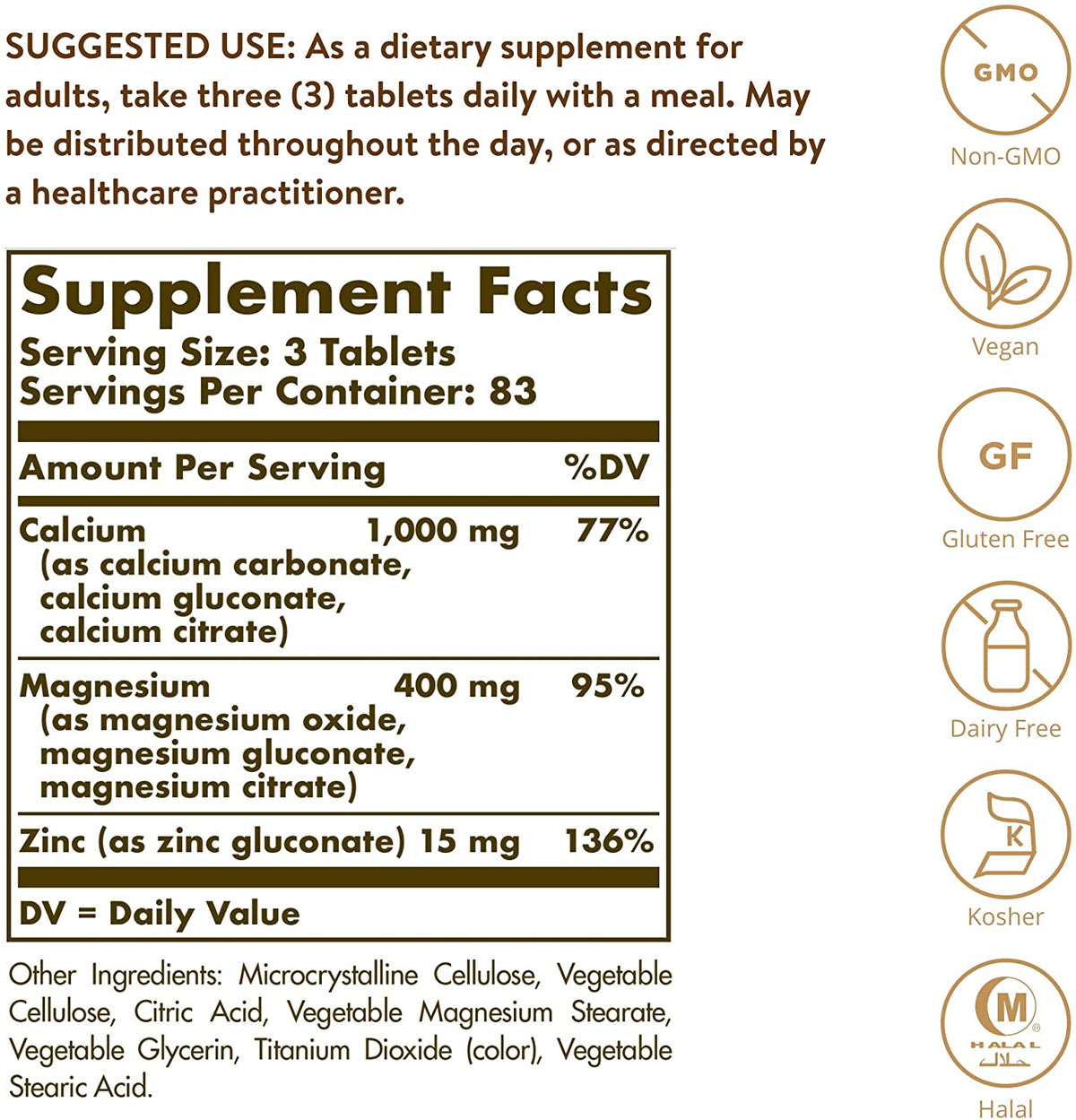 Solgar Calcium Magnesium Plus Zinc, 250 Tablets - Promotes Healthy Bones and Teeth - Supports Nerve &amp; Muscle Function - Non GMO, Vegan, Gluten Free, Dairy Free, Kosher, Halal - 83 Servings
