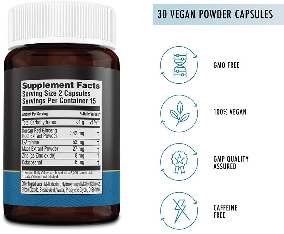 Stamina Booster Pills for Men - Genuine KGC Dietary 6 Yrs Grown Korean Red Panax Ginseng Supplement, Maca, Zinc - Performance Enhancement, Endurance, Fast Recovery - 30 Powder Capsules