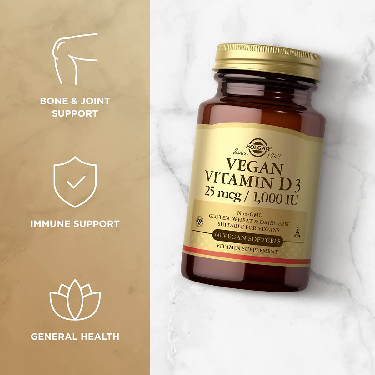 Solgar Vegan Vitamin D3 (Cholecalciferol) 25 mcg (1,000 IU) - 120 Softgels - Immune Support - Helps Maintain Healthy Bones &amp; Teeth - Non-GMO, Certified Vegan, Gluten &amp; Dairy Free - 120 Servings