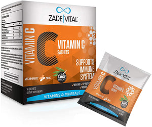 Zade Vital 1000mg Vitamin C Powder with Olive Leaf Extract, Vitamin B2, Zinc Gluconate, Antioxidant & Immune System Support, Supports Skin Health&Collagen Formation, 14 Sachets, Non-GMO, Halal, Kosher