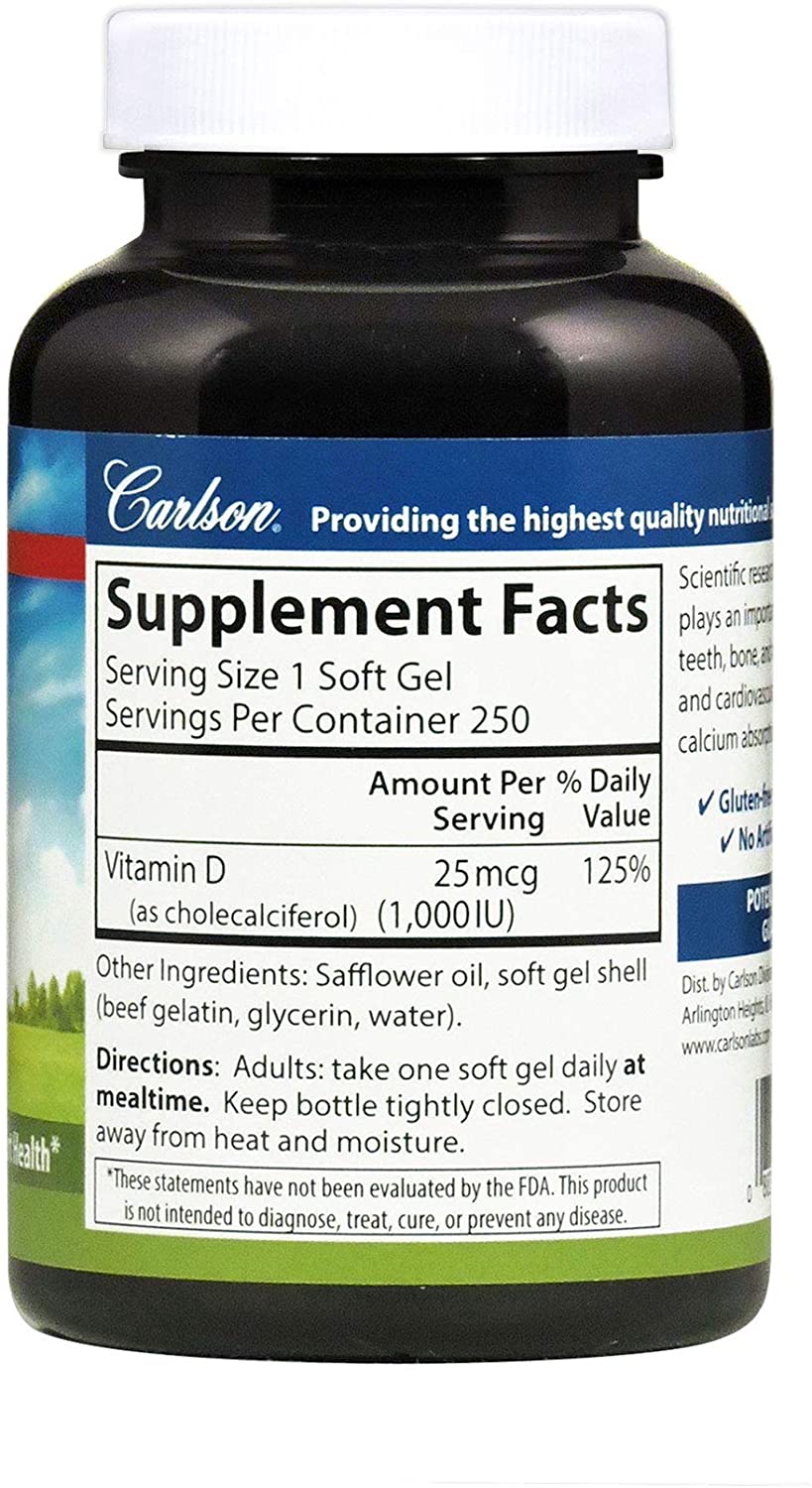 Carlson - Vitamin D3, 1000 IU (25 mcg), Bone Health, Muscle Health, Cholecalciferol, Vitamin D Supplements, Vitamin D3 Soft Gels, 250 Softgels