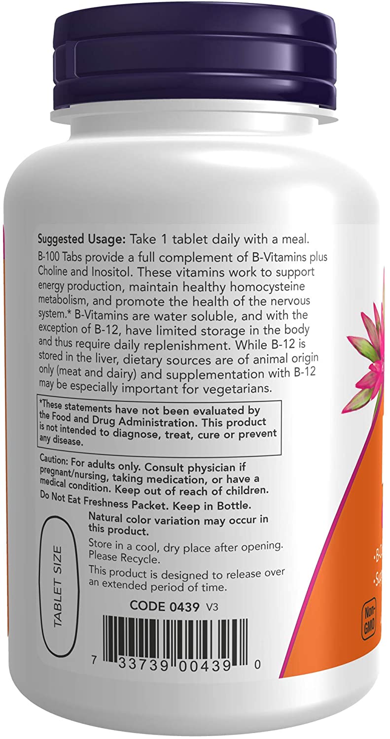 NOW Supplements, Vitamin B-100, Sustained Release, Energy Production*, Nervous System Health*, 100 Tablets