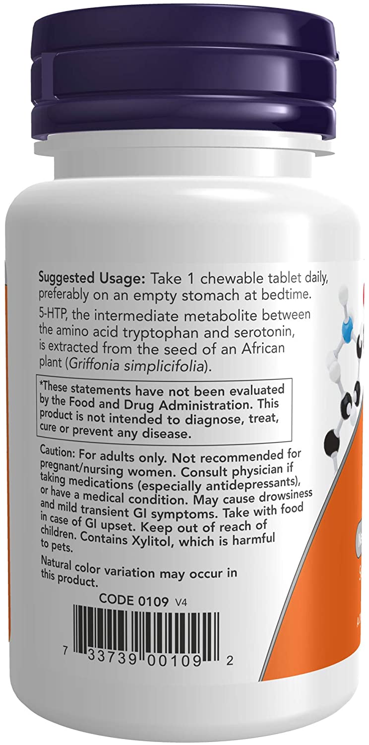 NOW Foods Supplements, 5-HTP (5-hydroxytryptophan) 100 mg, Neurotransmitter Support*, 90 Chewables