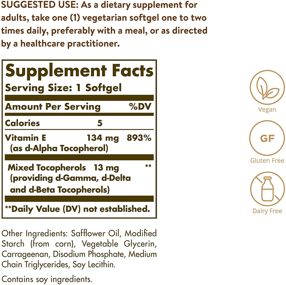 Solgar Vitamin E 268 MG (400 IU) (d-Alpha Tocopherol &amp; Mixed Tocopherols), 100 Softgels - Supports Immune System &amp; Skin Nutrition - Natural Antioxidant - Gluten Free, Dairy Free - 100 Servings