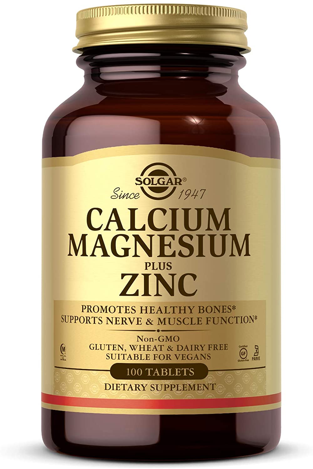 Solgar Calcium Magnesium Plus Zinc, 100 Tablets - Promotes Healthy Bones and Teeth - Supports Nerve &amp; Muscle Function - Non-GMO, Vegan, Gluten Free, Dairy Free, Kosher - 33 Servings