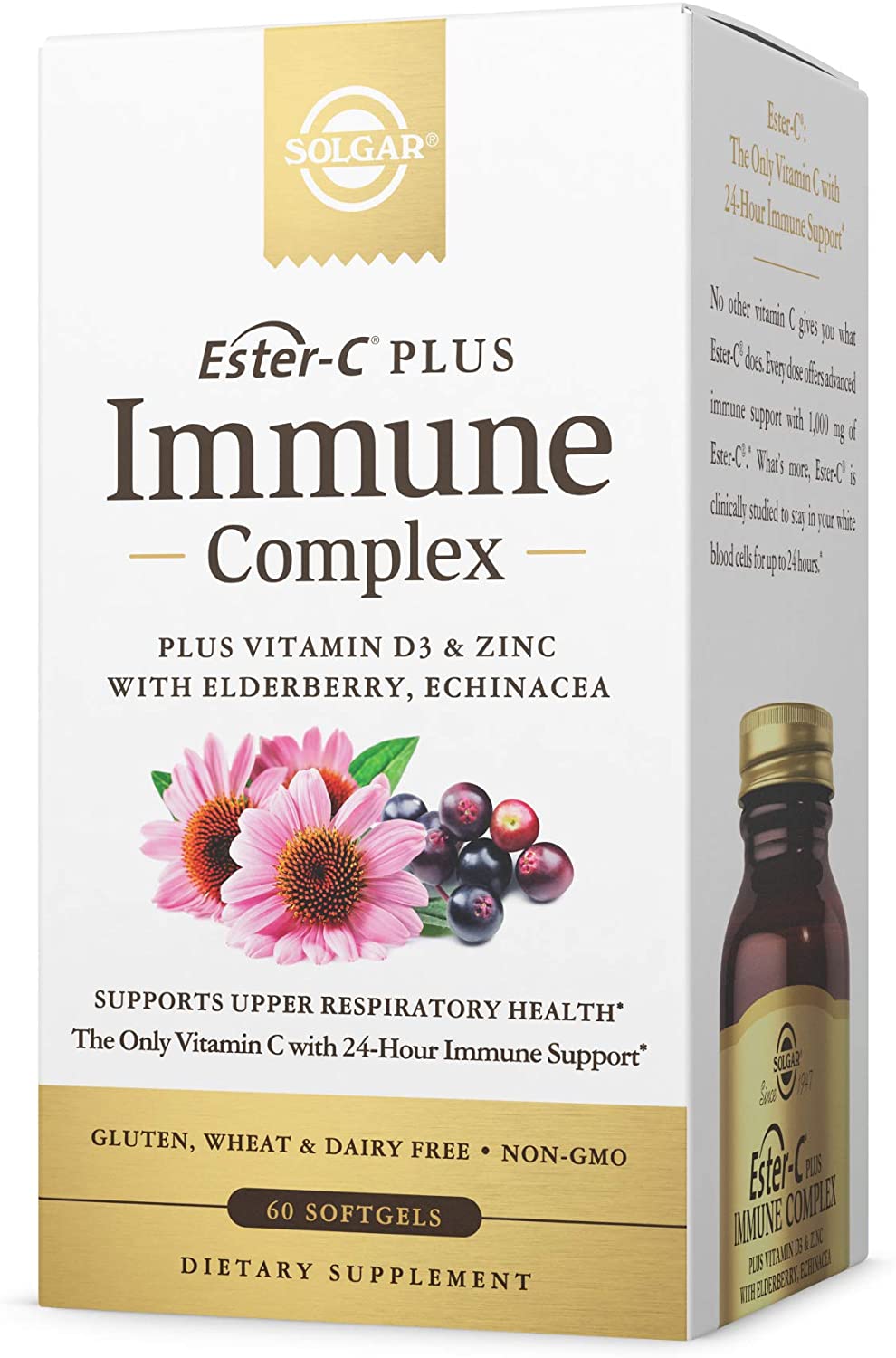 Solgar Ester-C Plus Immune Complex, 24 Hr Immune Support, Supports Upper Respiratory Health - Plus D3, Zinc, Elderberry &amp; Echinacea - Non-GMO, Gluten Free, Dairy Free - 30 Servings, 60 Softgels