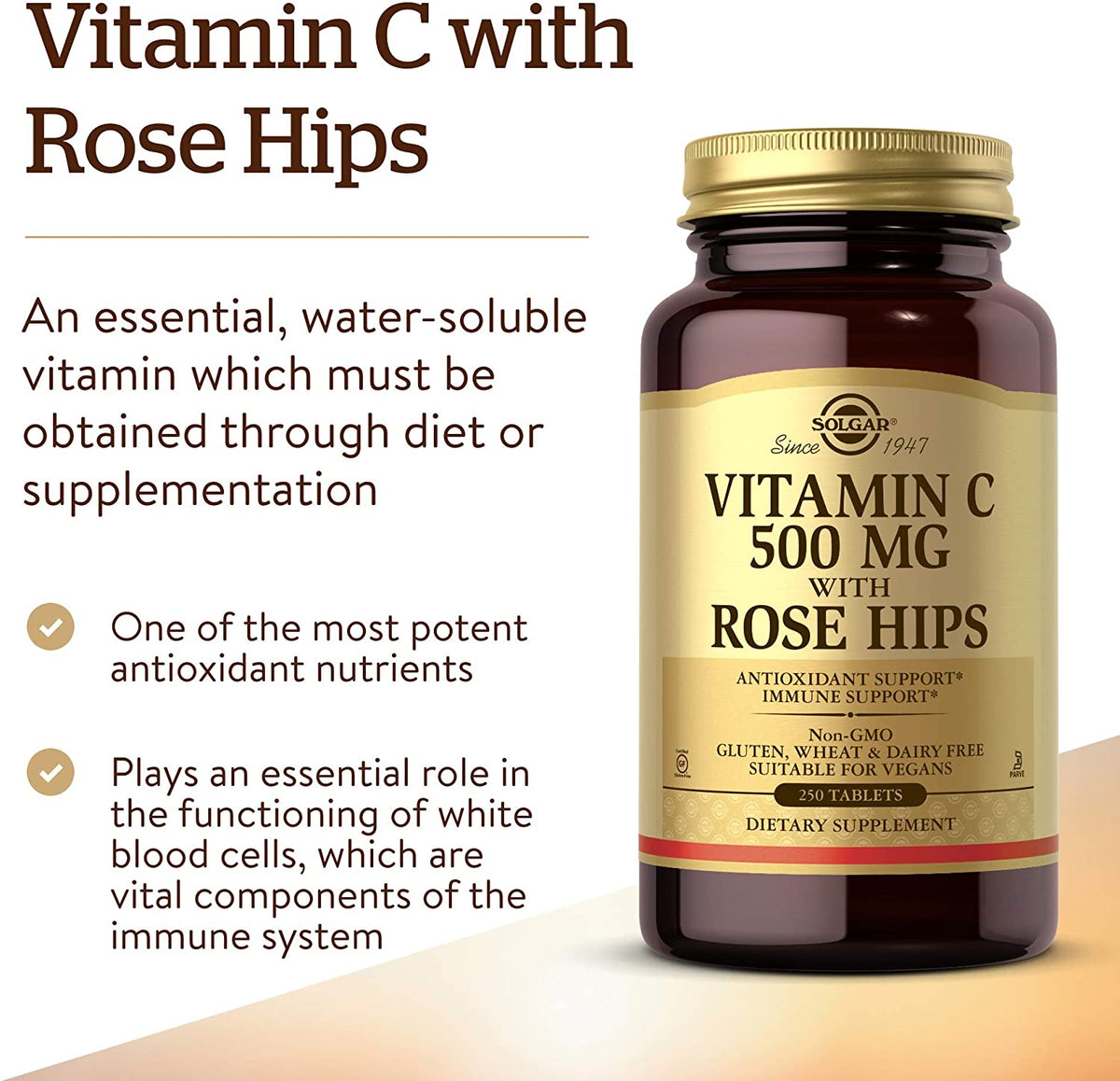 Solgar Vitamin C 500 mg with Rose Hips, 250 Tablets - Antioxidant &amp; Immune Support - Overall Health - Supports Healthy Skin &amp; Joints - Non GMO, Vegan, Gluten Free, Dairy Free, Kosher - 250 Servings