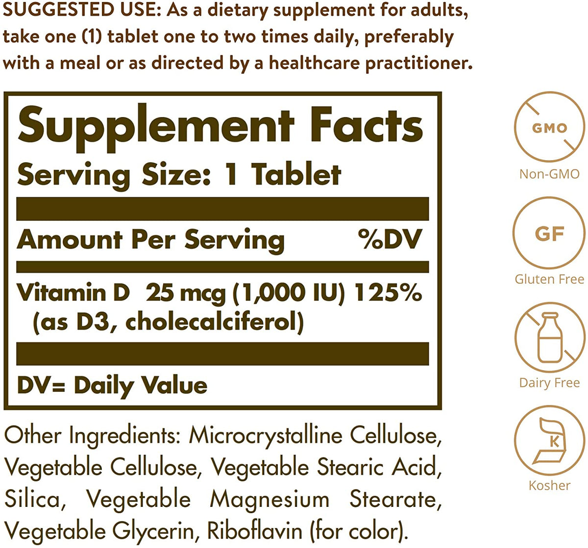 Solgar Vitamin D3 (Cholecalciferol) 25 mcg (1000 IU), 90 Tablets - Helps Maintain Healthy Bones &amp; Teeth - Immune System Support - Non-GMO, Gluten Free, Dairy Free, Kosher - 90 Servings