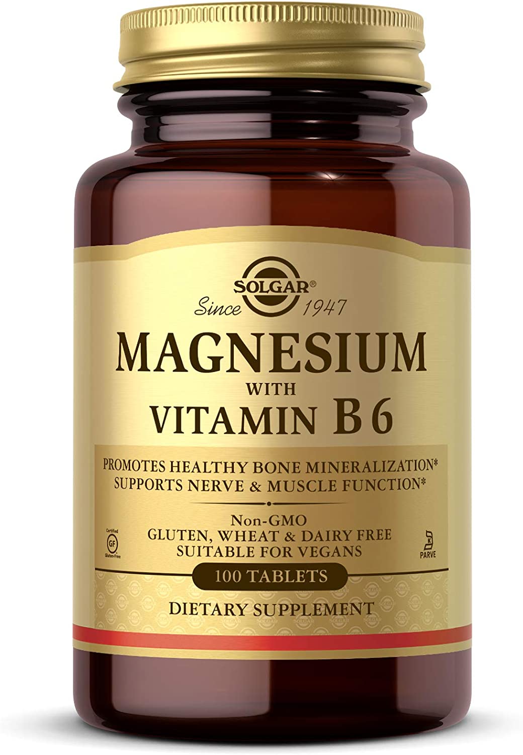 Solgar Magnesium with Vitamin B6 - 100 Tablets - Promotes Healthy Bone Mineralization, Supports Nerve &amp; Muscle Function - Non-GMO, Gluten Free, Dairy Free, Kosher - 33 Servings