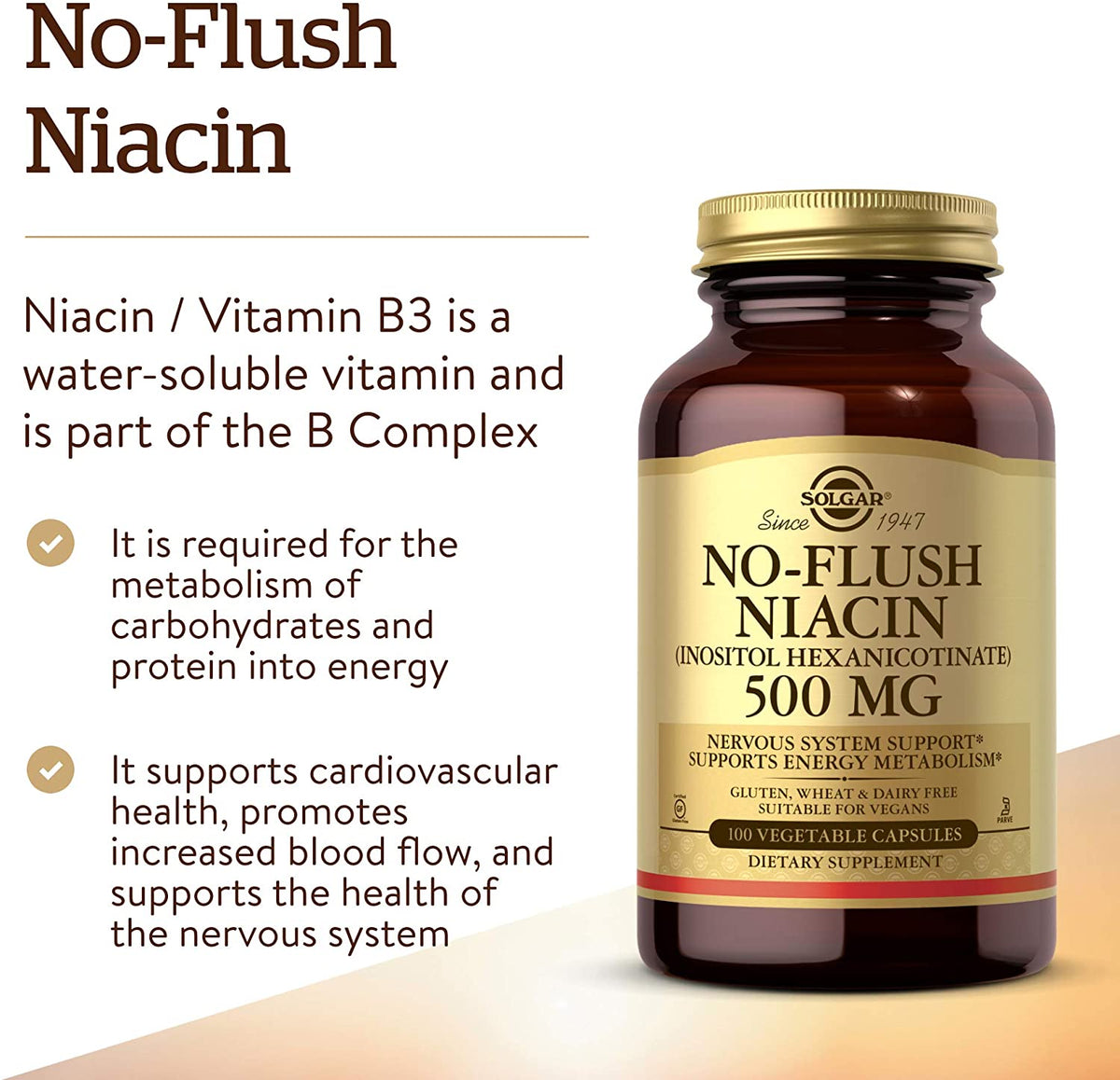 SOLGAR No-Flush Niacin 500 mg - 100 Vegetable Capsules - Supports Energy Metabolism &amp; Nervous System - Vegan, Gluten &amp; Dairy Free, Kosher - 100 Servings