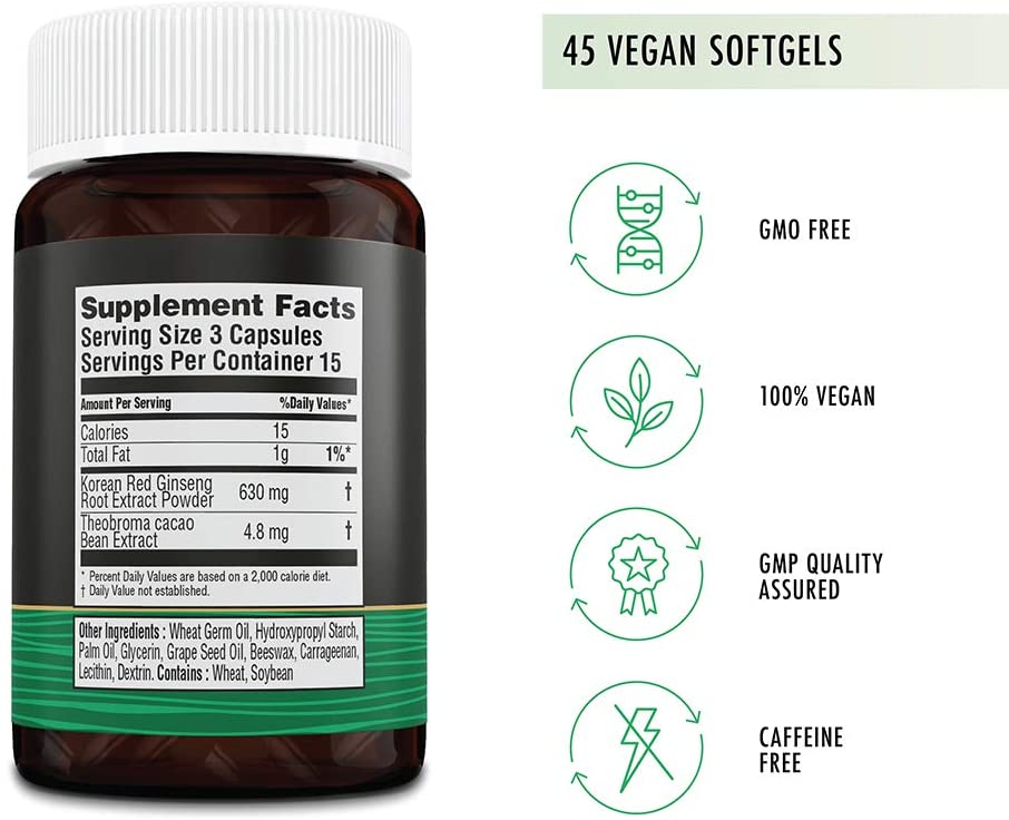 Wellness Red Ginseng Extract - Genuine KGC Dietary Supplement with 6 Years Grown Korean Red Panax Ginseng Root. Non-GMO, Gluten-Free, No Artificial or Preservatives - 45 Vegan Softgels