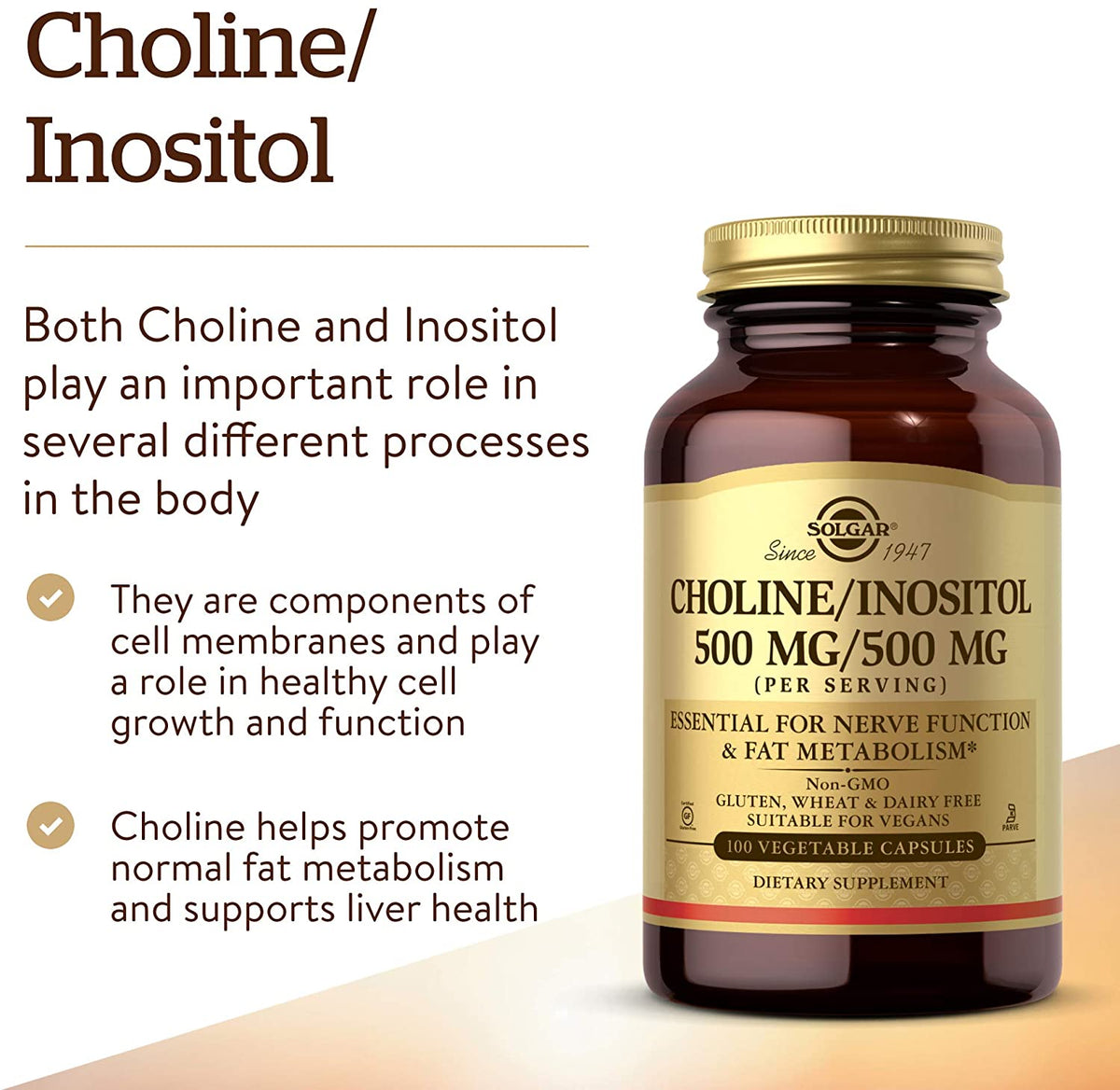 Solgar Choline/Inositol 500 mg/500 mg, 100 Vegetable Capsules - Energy Metabolism, Liver Health, Essential for Brain &amp; Nerve Function - Non-GMO, Vegan, Gluten Free, Dairy Free, Kosher - 50 Servings