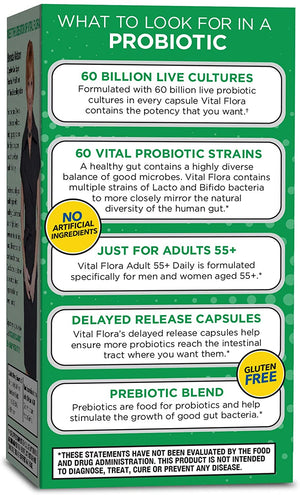 Vital Planet - Vital Flora Adult 55+ Probiotic Supplement with 60 Billion Cultures and 60 Strains, High Potency and Strain Diversity Probiotics for Women and Men with Organic Prebiotics, 30 Capsules