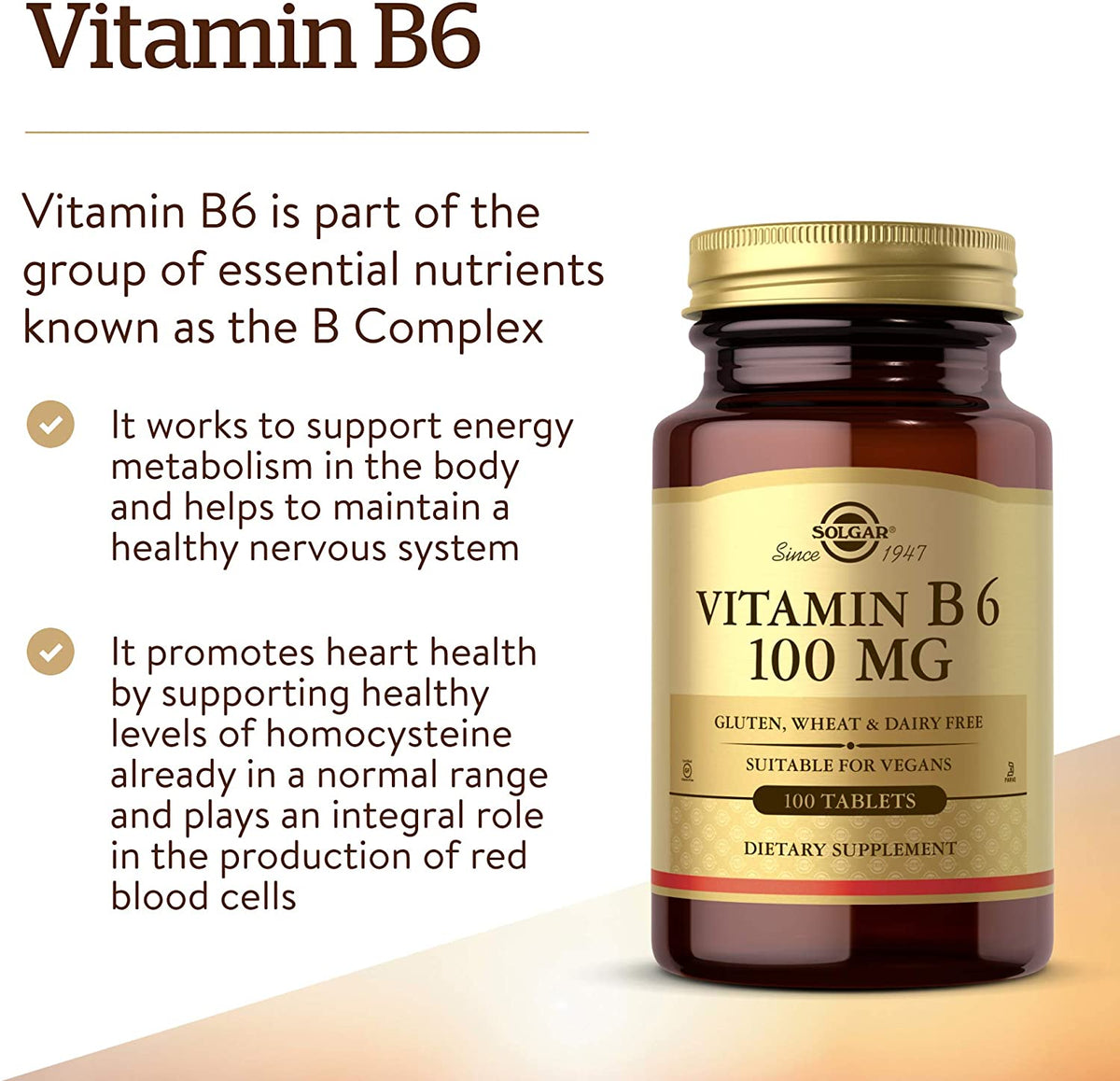 Solgar Vitamin B6 100 mg, 100 Tablets - Supports Energy Metabolism, Heart Health &amp; Healthy Nervous System - B Complex Supplement - Vegan, Gluten Free, Dairy Free, Kosher - 100 Servings