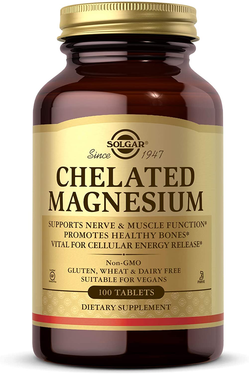 Solgar Chelated Magnesium - 100 Tablets - Supports Nerve &amp; Muscle Function - Non-GMO, Vegan, Gluten Free, Dairy Free, Kosher - 25 Servings