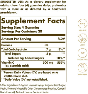 Solgar Adult Vitamin C 500 mg Gummies, Great-Tasting Strawberry Orange Flavor, Supports Immune Health, Non-GMO, Vegan, Gluten & Dairy Free, 30 Servings, 120 Count