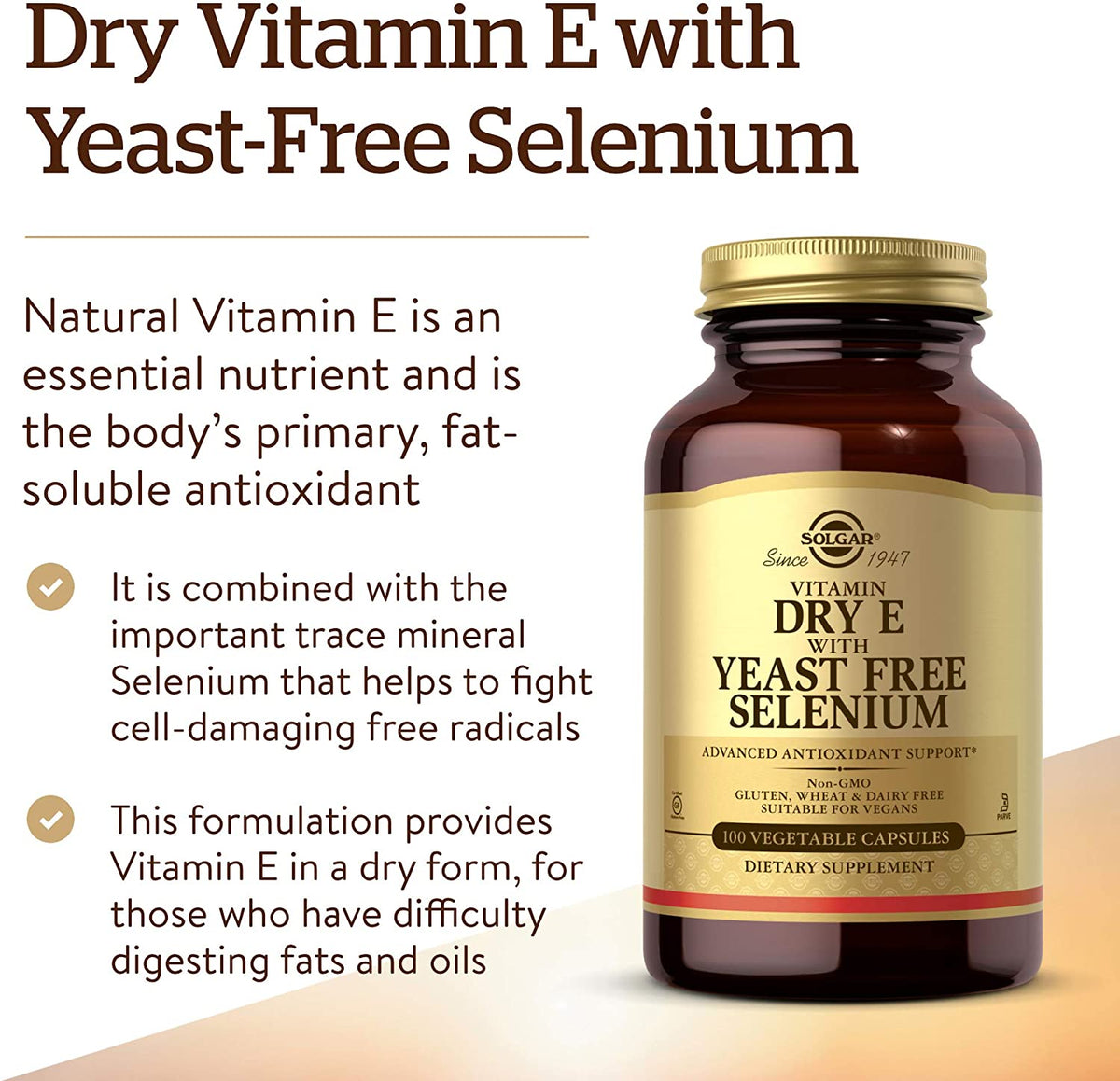 Solgar Dry Vitamin E with Yeast-Free Selenium, Advanced Antioxidant Support - Immune &amp; Skin Support - Non-GMO, Vegan, Gluten Free, Dairy Free, Kosher - 100 Count